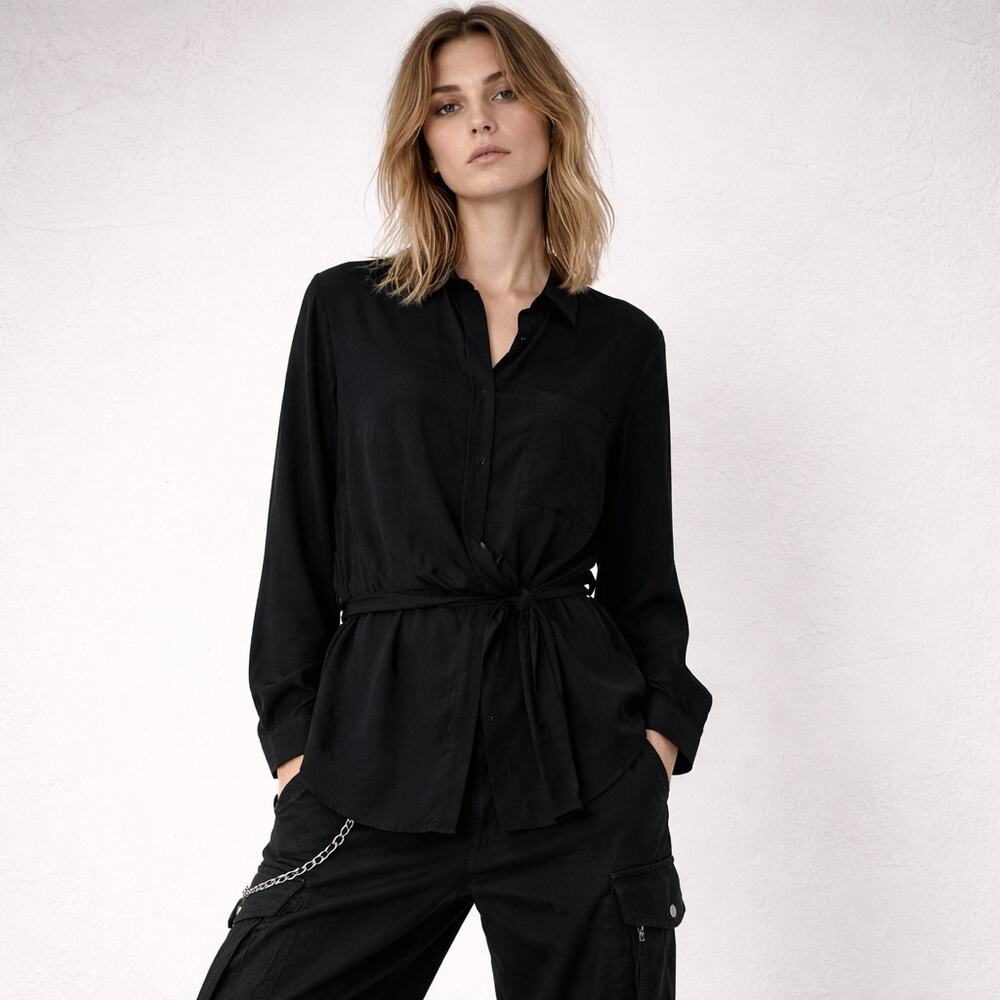 OAK NYC Waist tie button up Blouse Black Viscose Women's Small